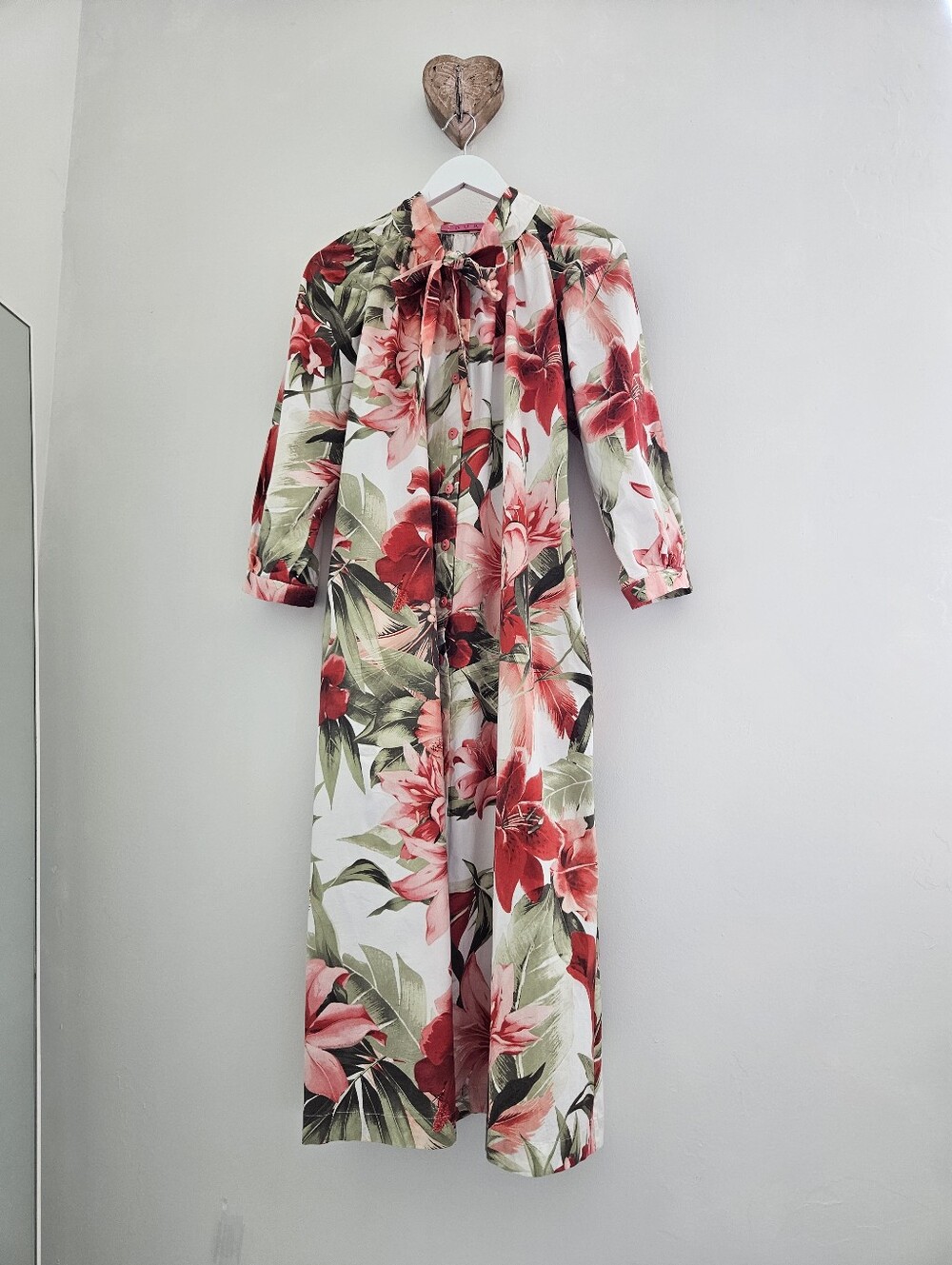 BURU Housedress Floral Tie Buttondown Long Sleeve Cotton Midaxi Dress - Picture 3 of 11
